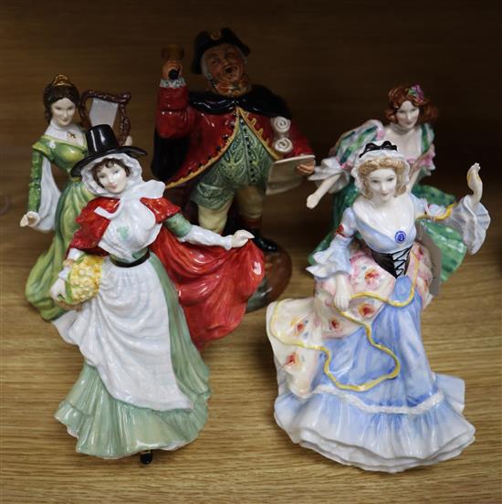 Set of four Doulton porcelain figurines Ladies of the British Isles and one other Town Crier, tallest 22cm